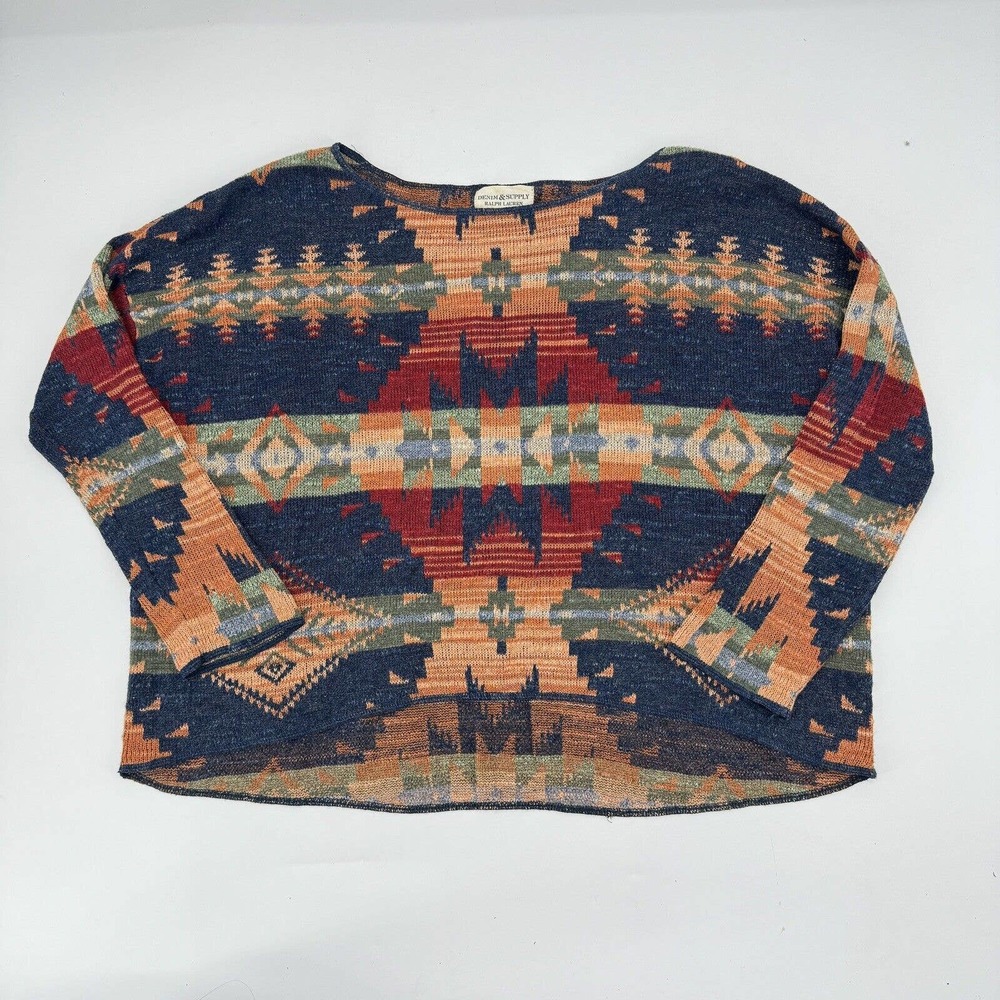 Denim & Supply Ralph Lauren Aztec Knit Sweater Size XL Blue Red Cotton Relaxed
